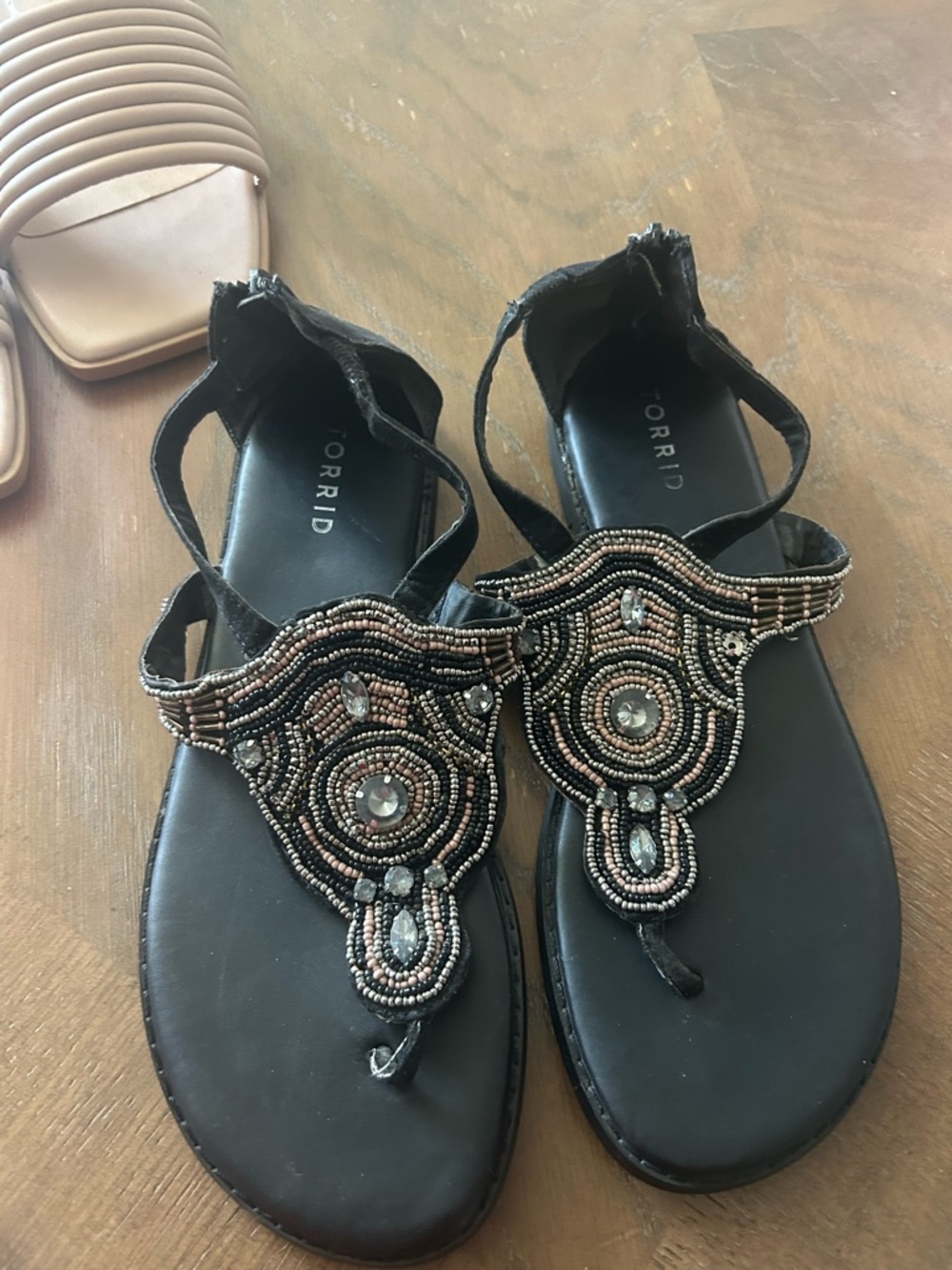 torrid Black Beaded T-Strap Jeweled Sandals